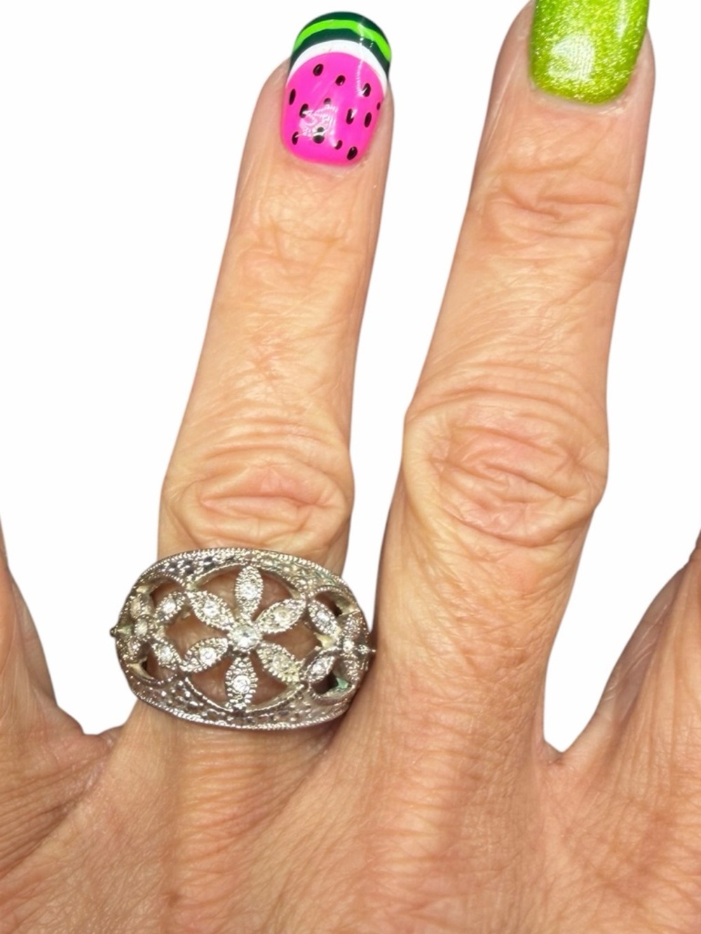 Vintage Boutique Silver Tone Filagree CZ Flower Ring - Size 6.5
